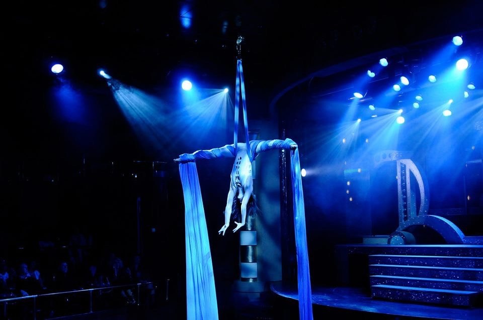 Aerial acts on stage in blue light — collection card