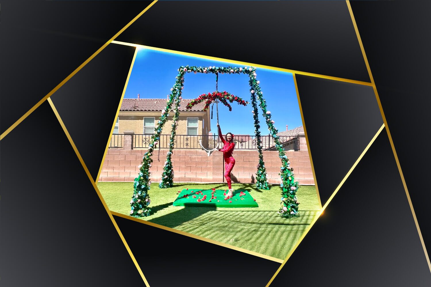 Portable aerial rigging dressed in florals with a performer at a Las Vegas event