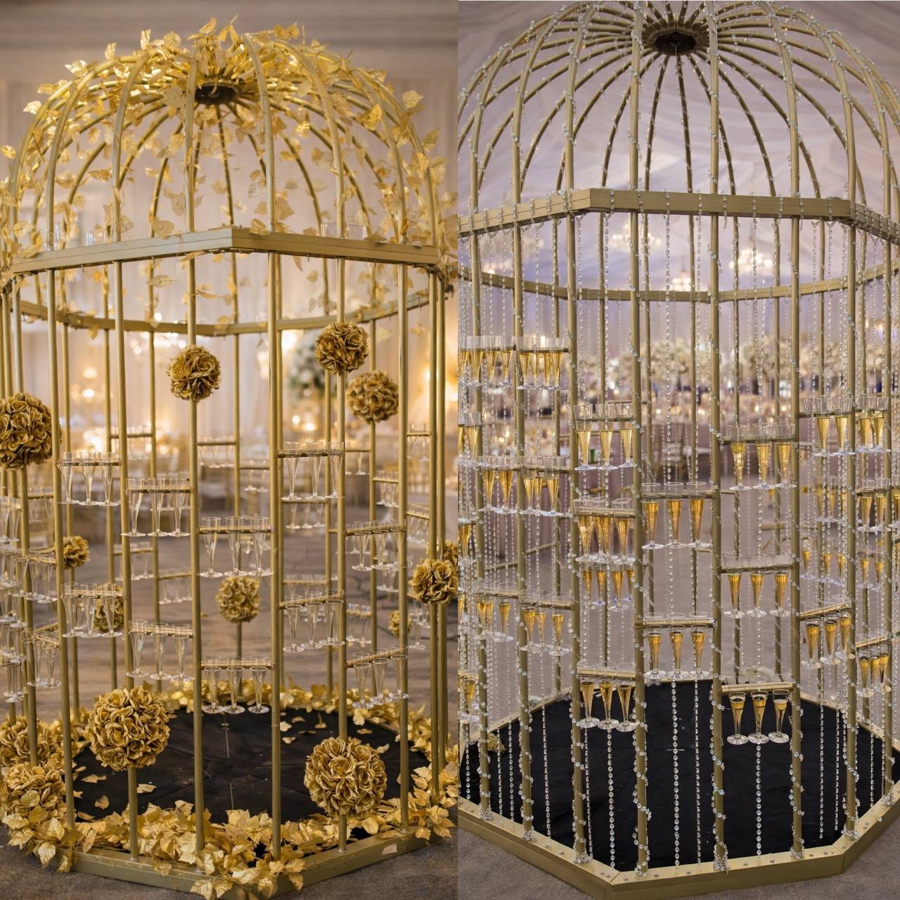 Gold birdcage rigged with rows of champagne flutes