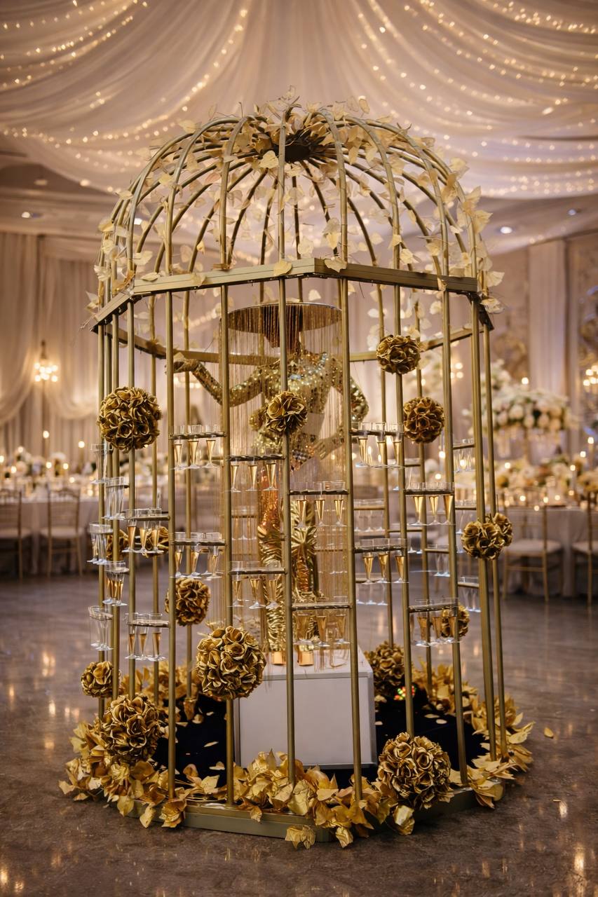 Birdcage champagne display with gold roses under fairy lights