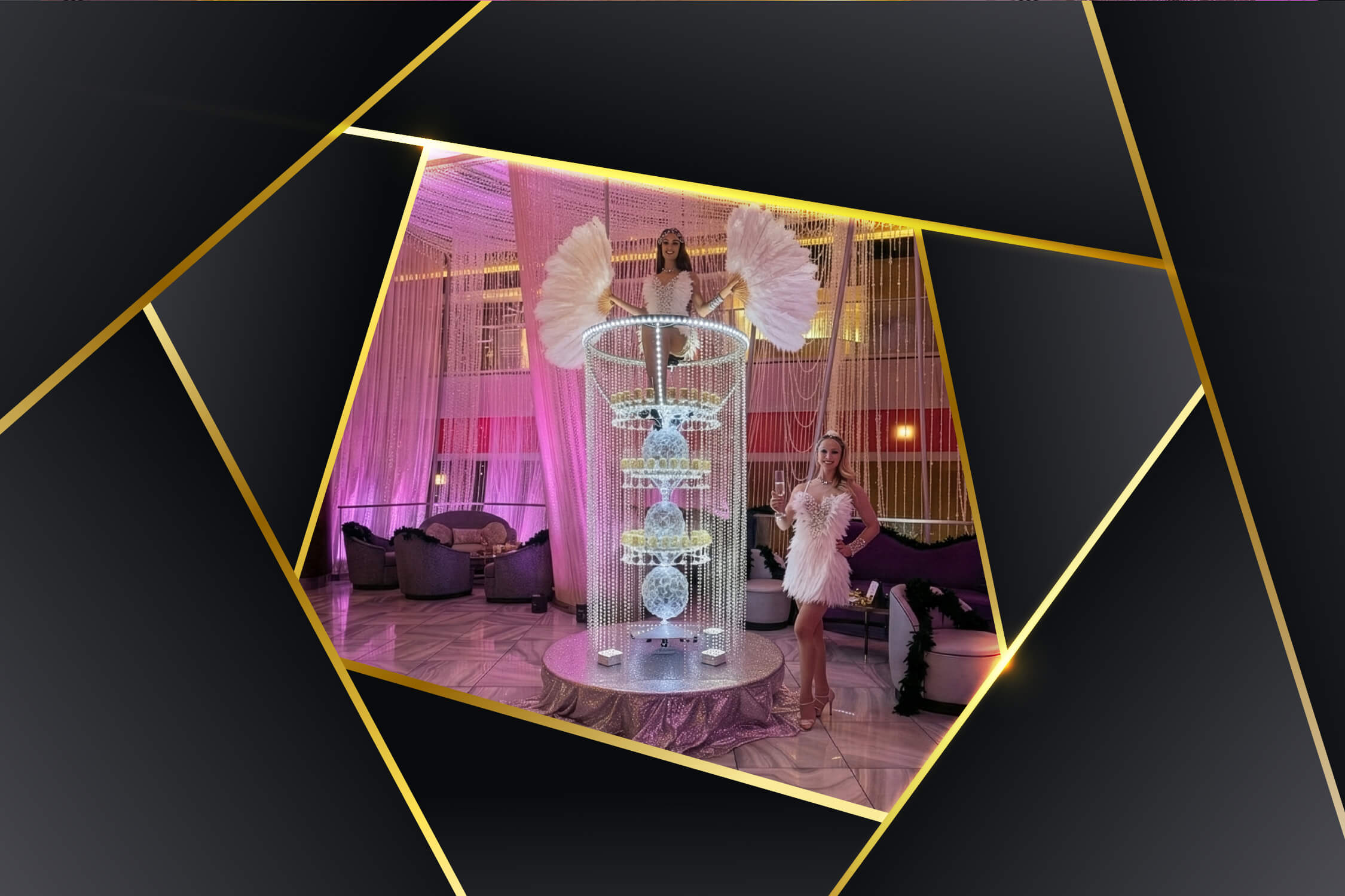 Crystal champagne martini tower with feather-fan hostesses at a Las Vegas event