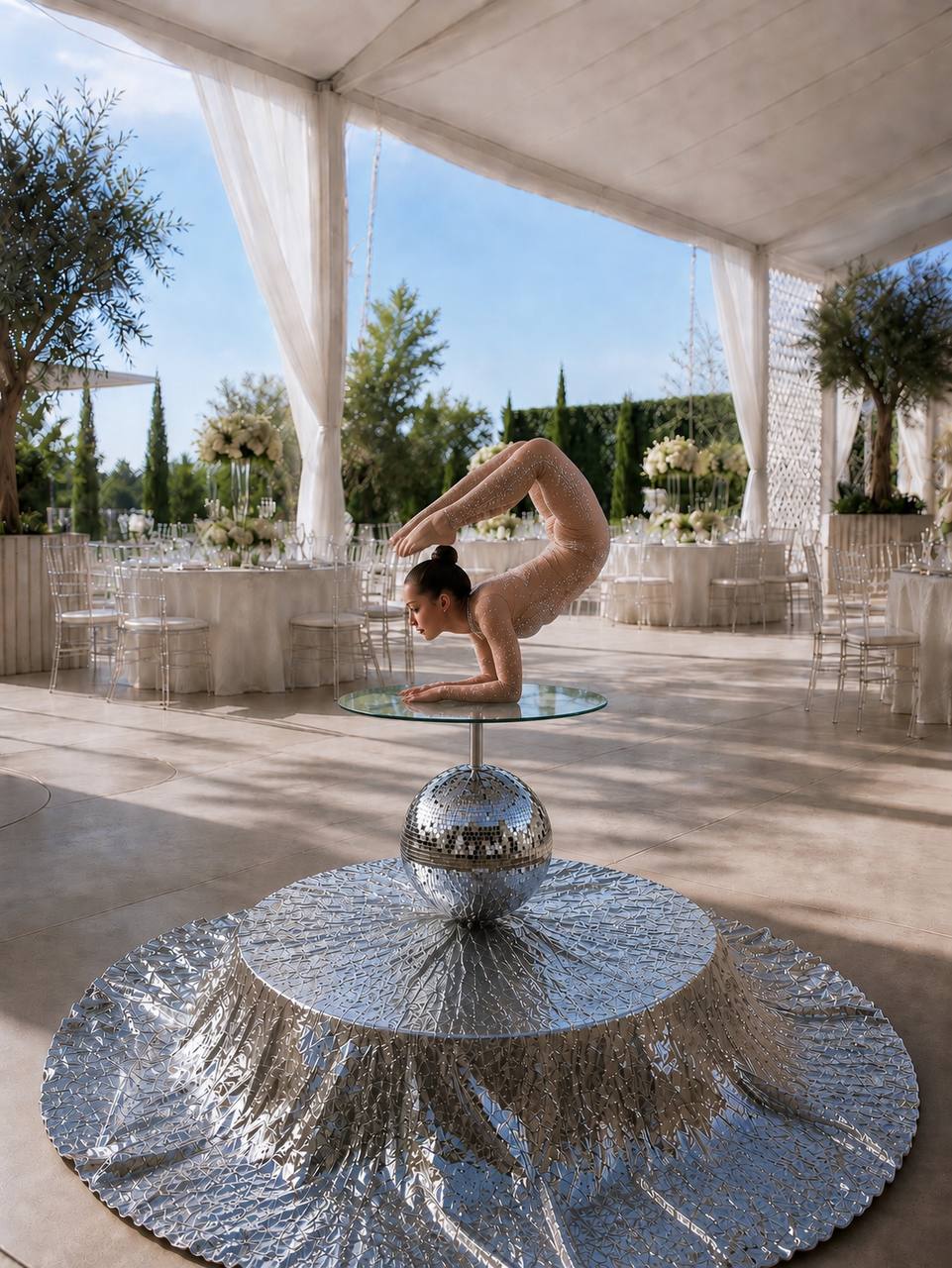 Contortion backbend pose on the Disco Luxe Platform in a daylight event tent — Las Vegas