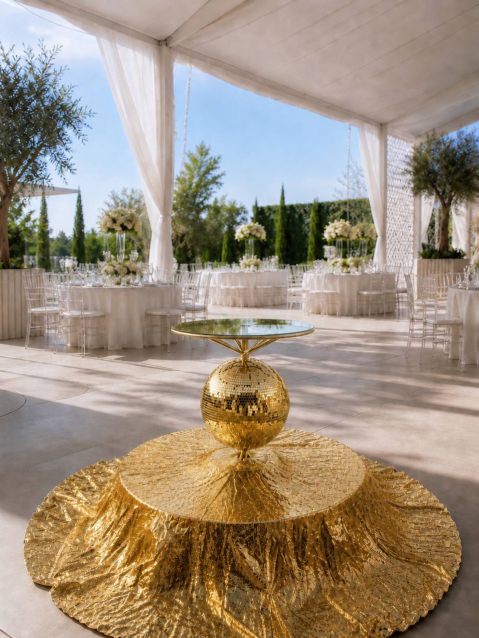 Gold Disco Luxe Platform with a mirror-ball pedestal and gold fringe base in a daylight Las Vegas event tent