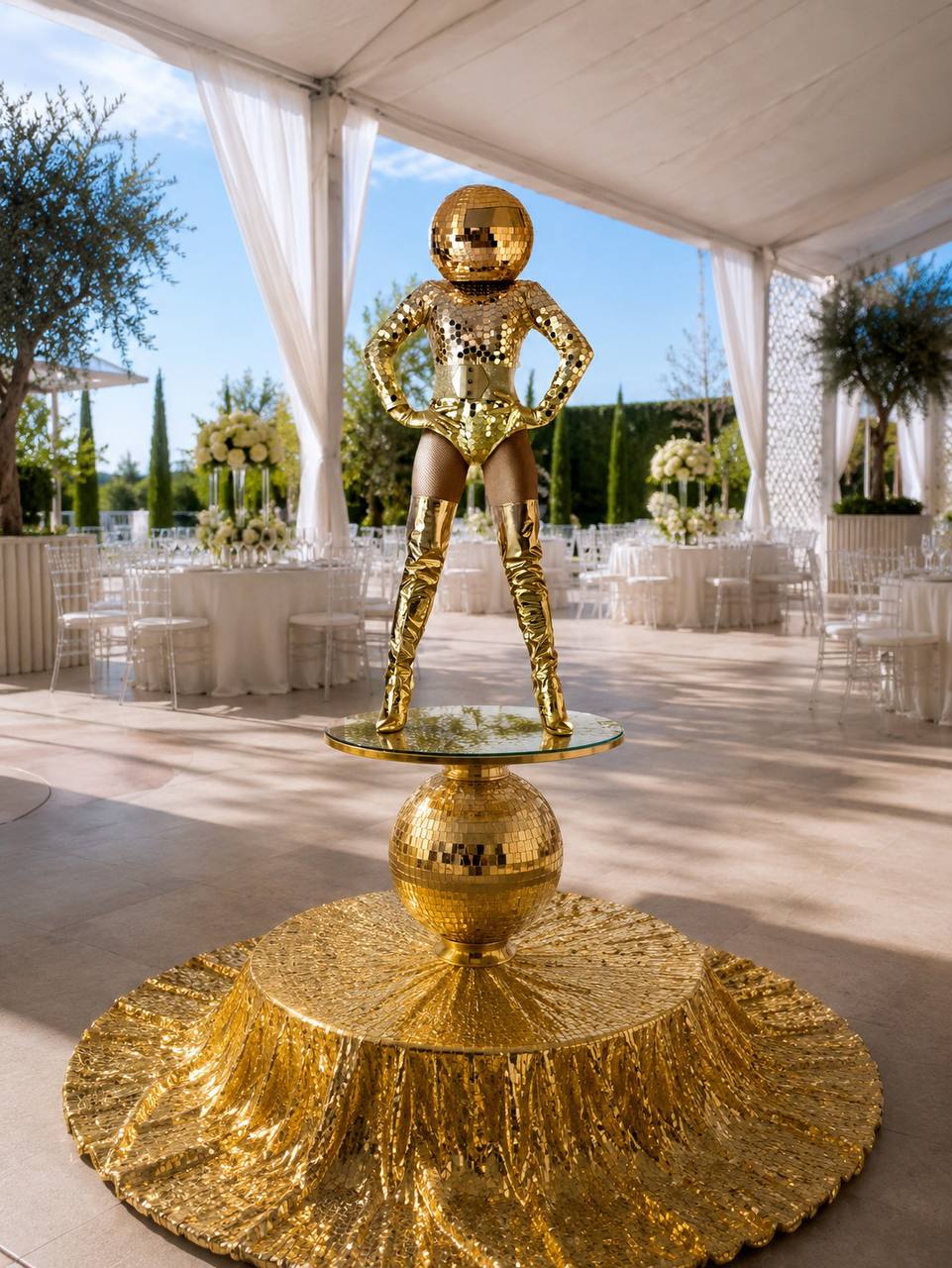 Gold mirror-ball performer on the gold Disco Luxe Platform at a daylight Las Vegas tent event