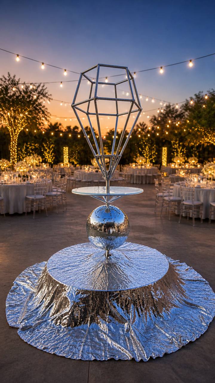 Disco Luxe Platform with an LED diamond prop at sunset, outdoor Las Vegas event