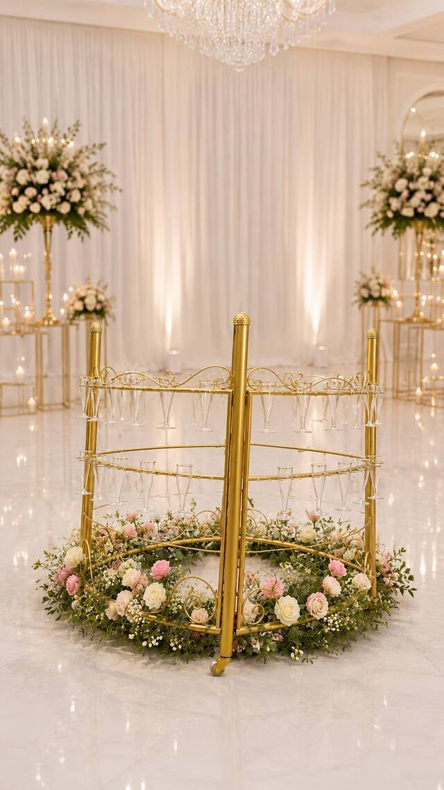 Champagne station set with glasses and pink rose trim