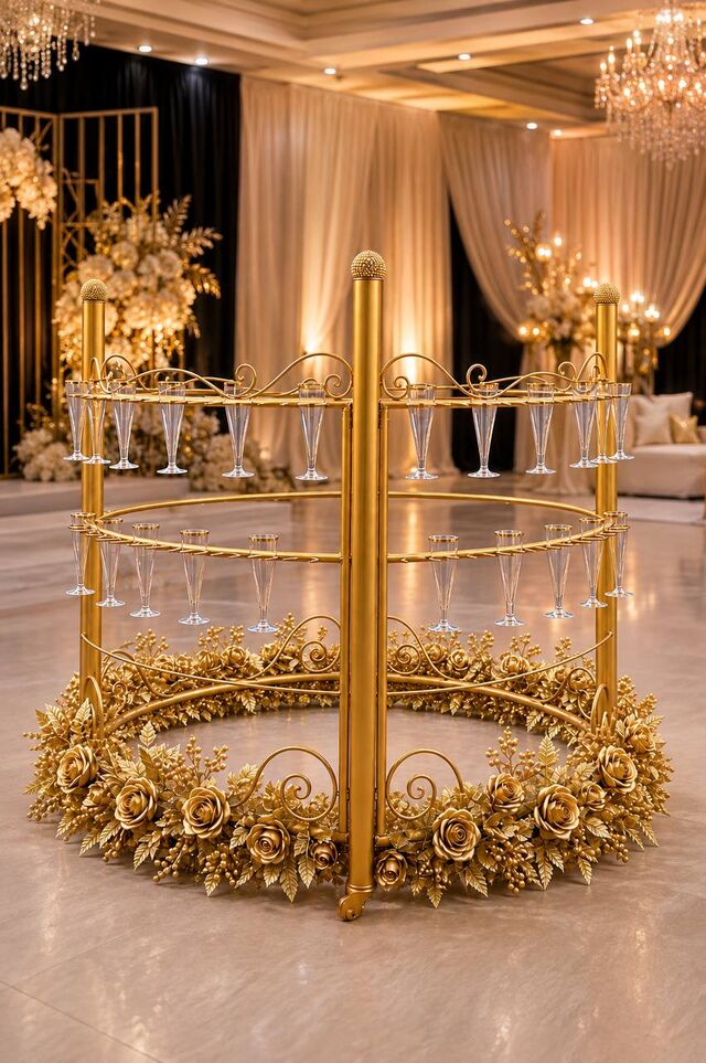 Champagne station with gold rose trim in a ballroom