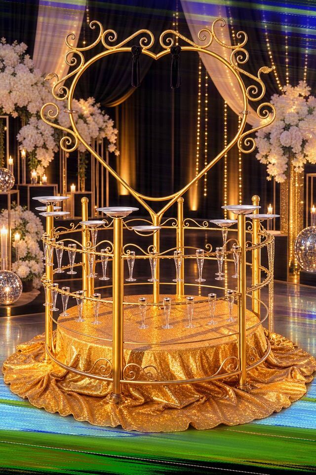 Champagne station with a heart-shaped prop inside and plate holders on the poles