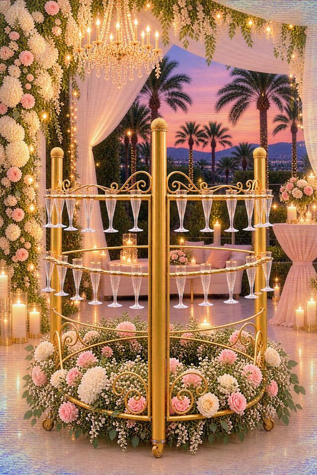 Standalone champagne station with florals on a terrace