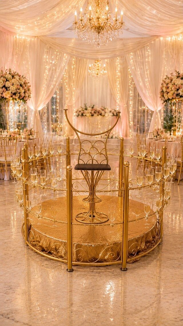 Champagne station with a decorative chair prop inside